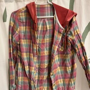 Plaid Hooded Shirt with pink Accents